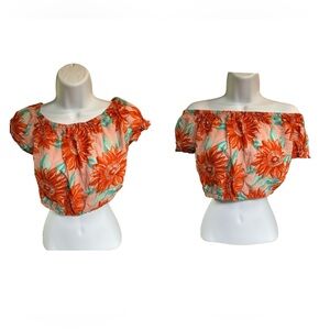 Aerie Crop Top Size Medium Floral Orange & Pink 100% Cotton On or Off Shoulder